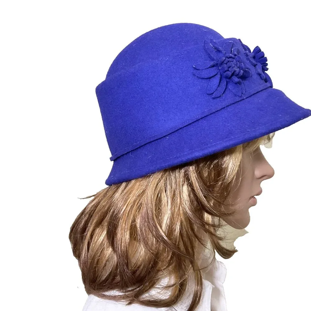 Vintage Andora Felt Cloche Bucket Hat Floral adjustable OS Royal Blue